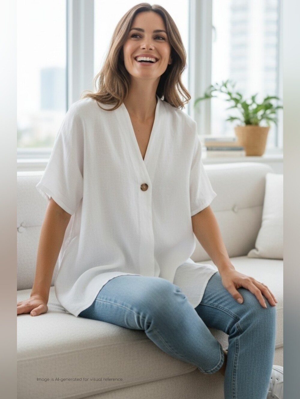 Tempo Paris Size M White 100% Italian Linen One Button Kimono Tunic Blouse Top - Picture 5 of 14